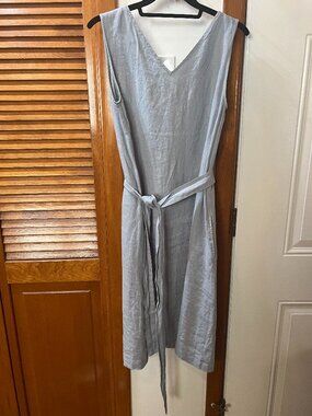 Linenfox Dori 100% Linen Dress – Dusty Blue V-Neck | XS, fits M